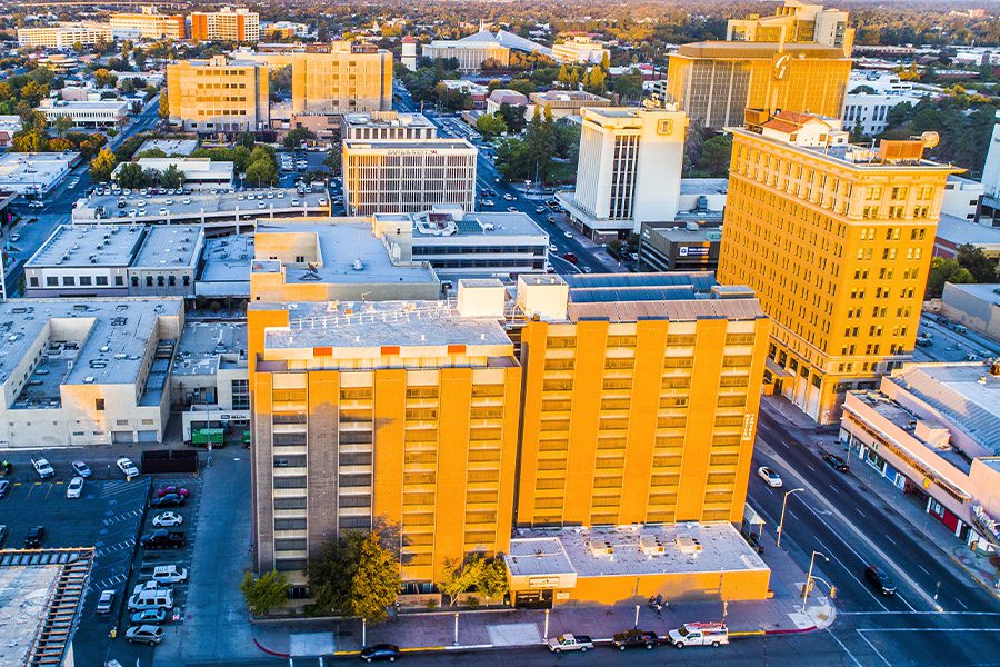 California - Aerial View of Historic Downtown Fresno, California at Dusk